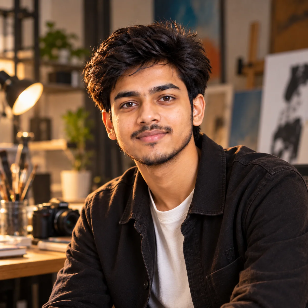 Creative AI artist profile picture with expressive editorial portrait style