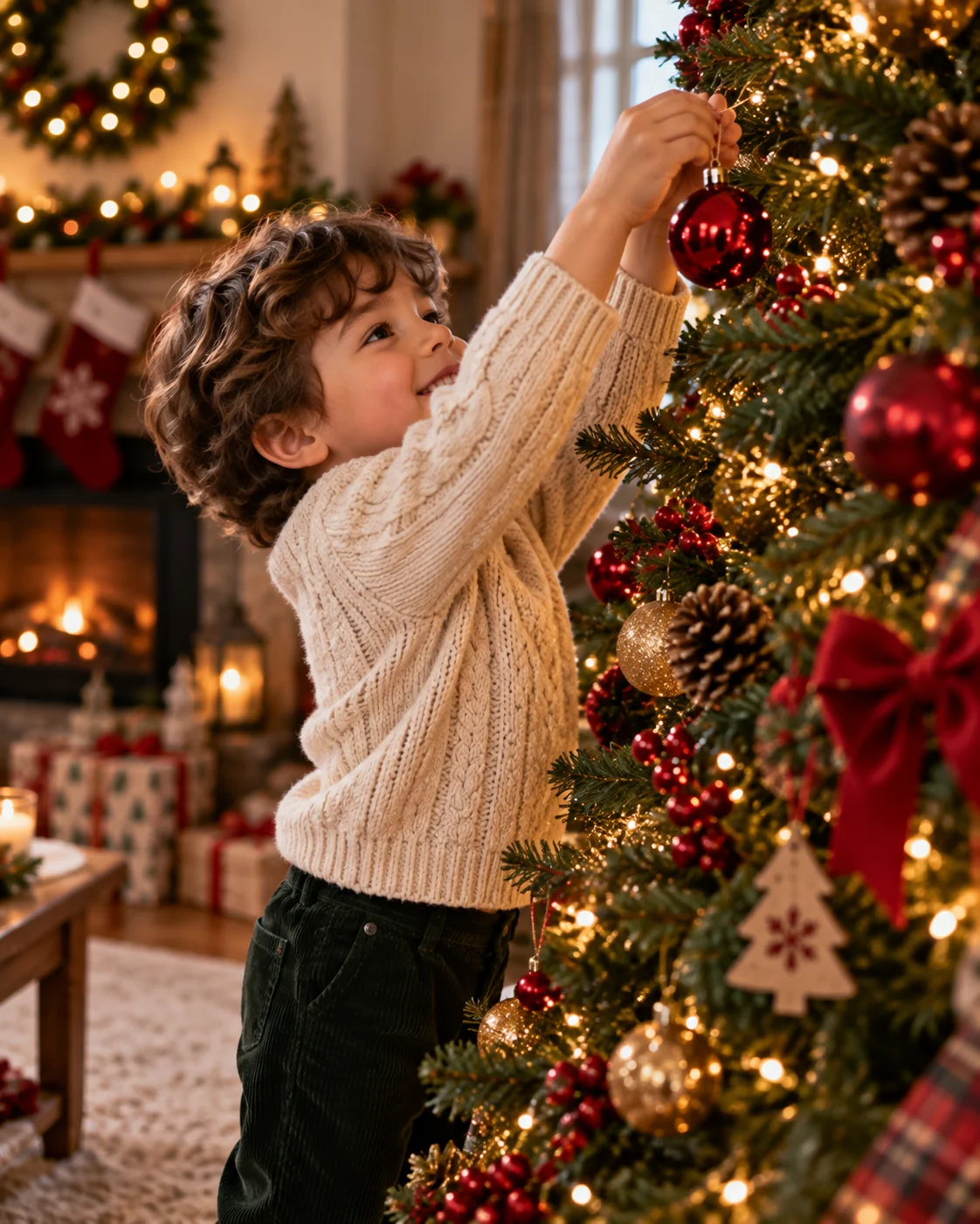 AI Christmas photography of child hanging ornament on decorated tree — AI prompt for Christmas photography