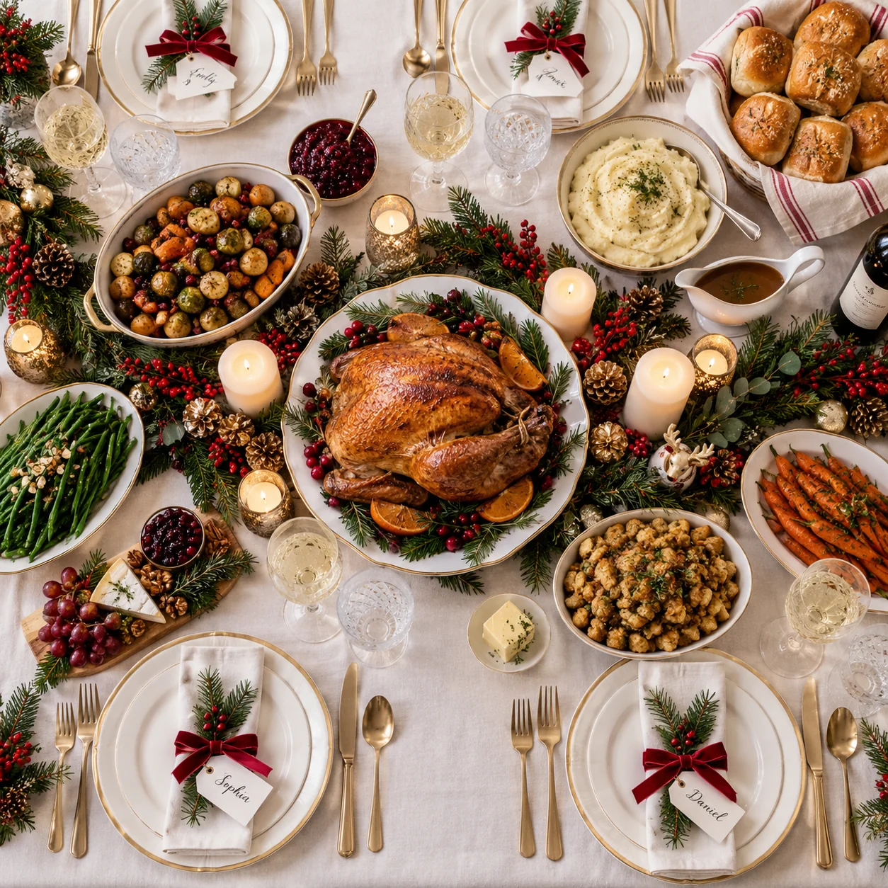 Overhead flatlay AI Christmas dinner table with candles and festive décor — AI prompt for Christmas photography