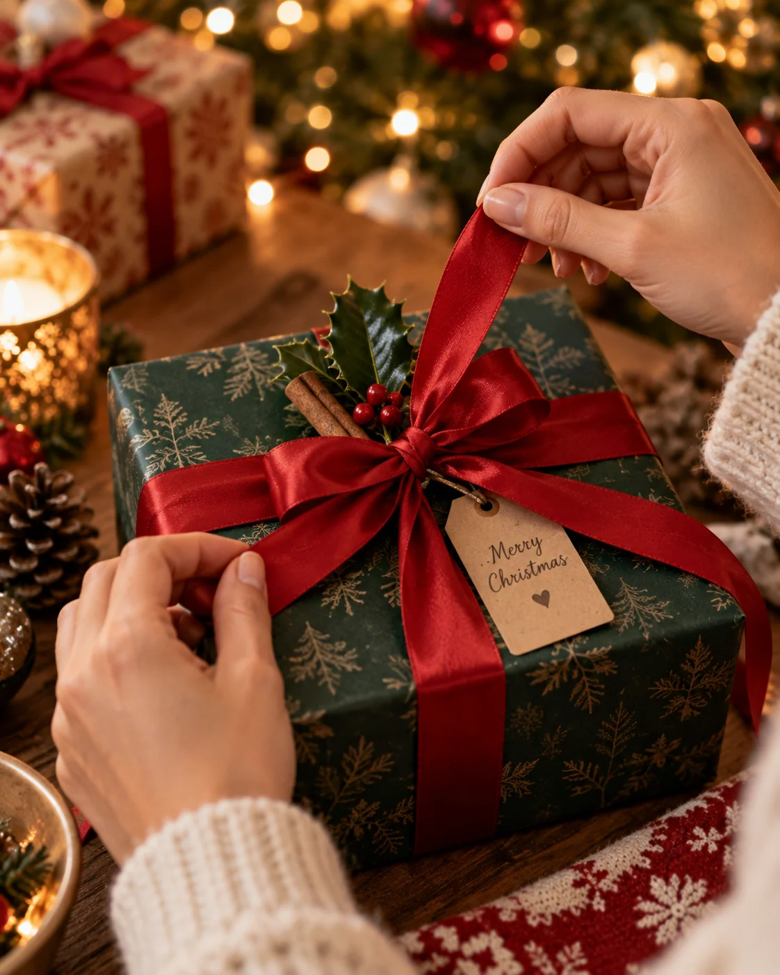 Cinematic close-up of Christmas gift unwrapping with festive ribbon and bokeh — AI prompt for Christmas photography