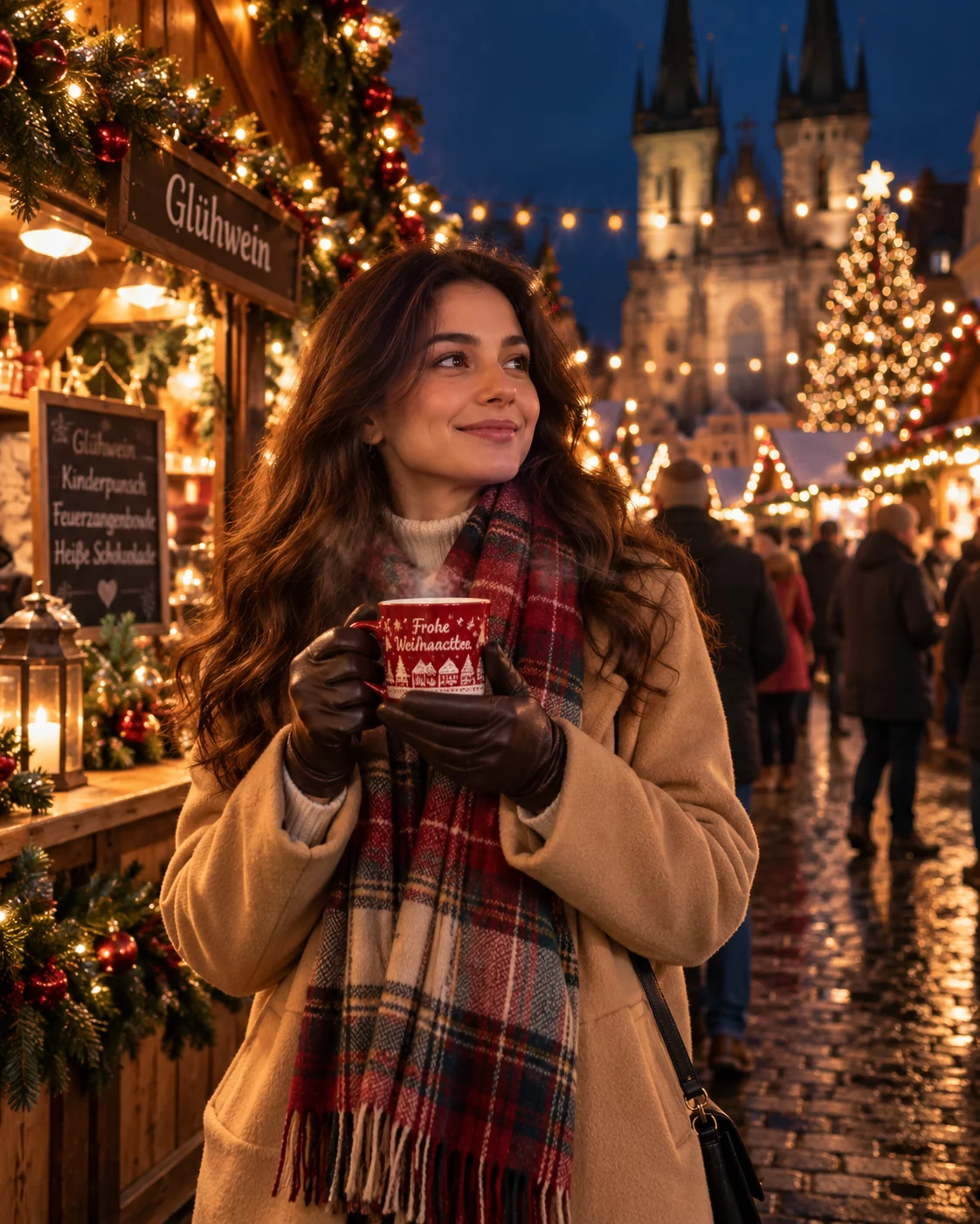 AI Christmas market photography at night with string lights and bokeh — AI prompt for Christmas photography