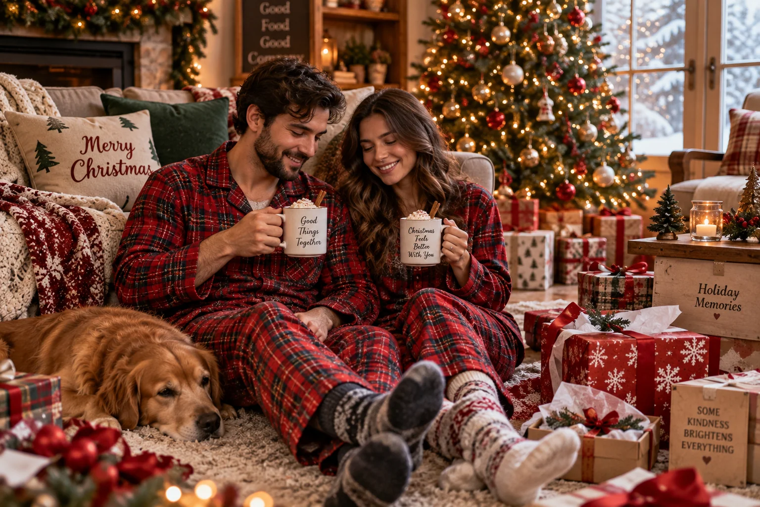 Cozy Christmas morning AI lifestyle image with matching pajamas and hot cocoa — AI prompt for Christmas photography