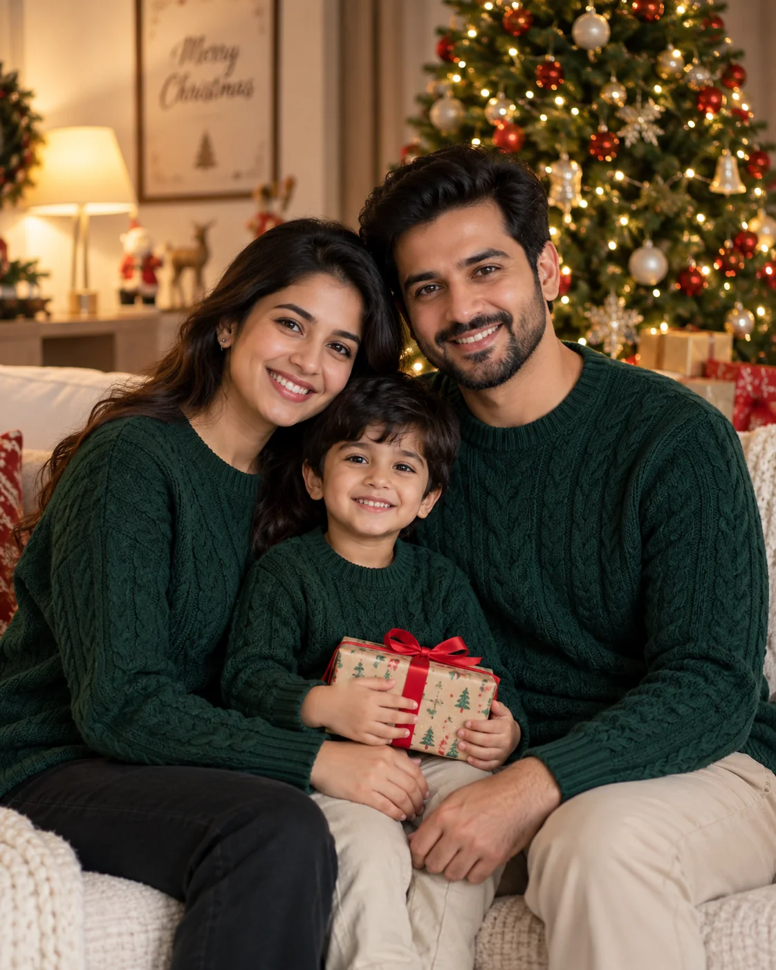 Cinematic AI Christmas tree family portrait with warm fairy lights bokeh — AI prompt for Christmas photography