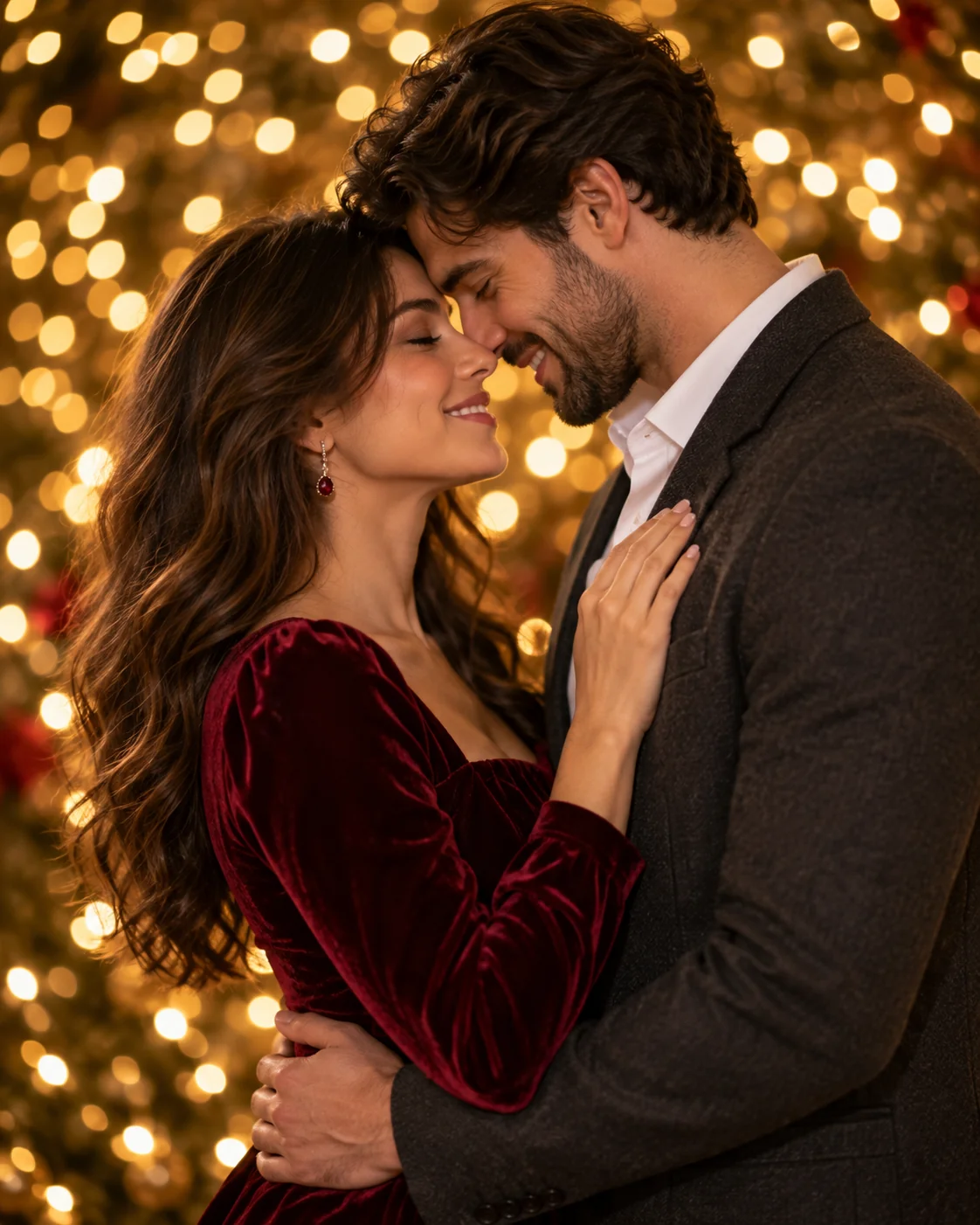 Cinematic AI Christmas couple portrait with bokeh fairy lights and velvet outfits — AI prompt for Christmas photography