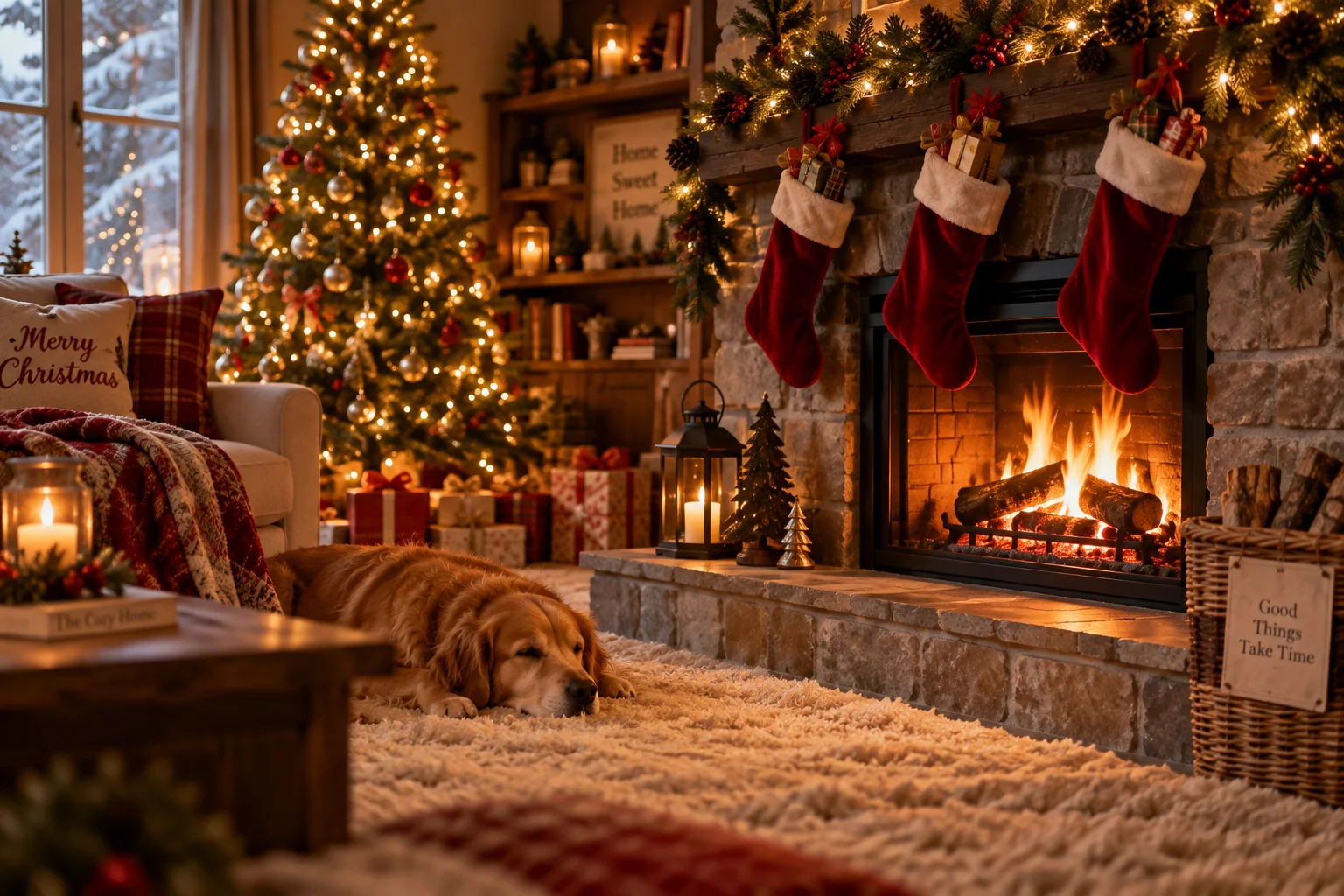 Cozy fireplace AI Christmas morning photography with stockings and warm amber light — AI prompt for Christmas photography