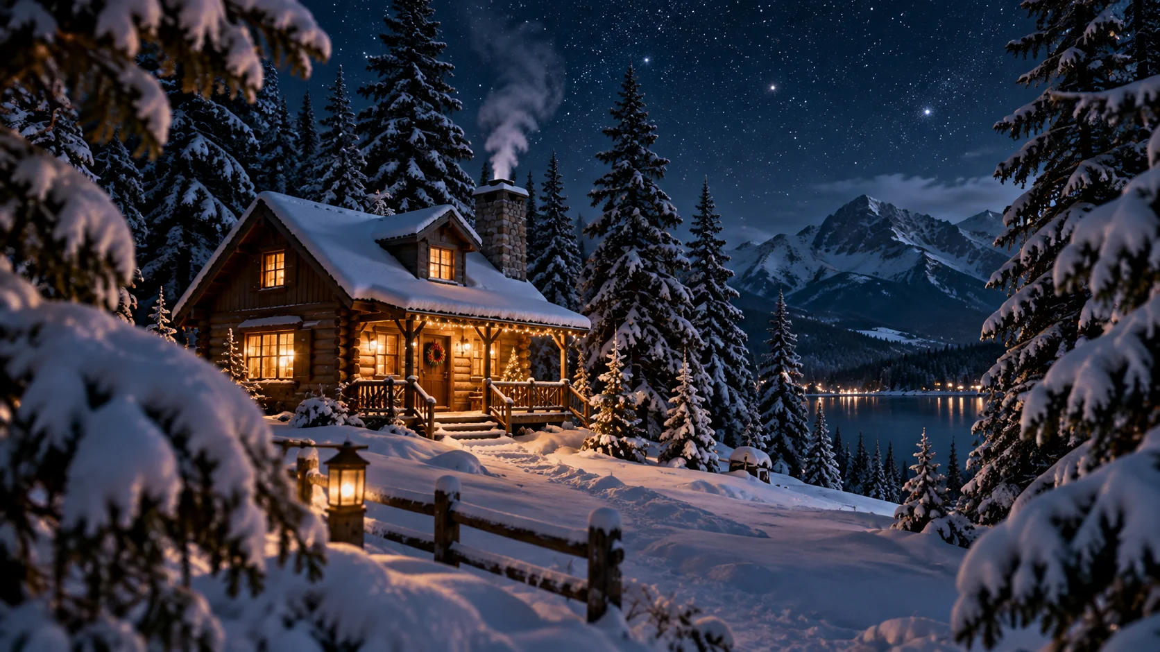 Cinematic AI snowy cabin in pine forest with glowing window and night sky — AI prompt for Christmas photography