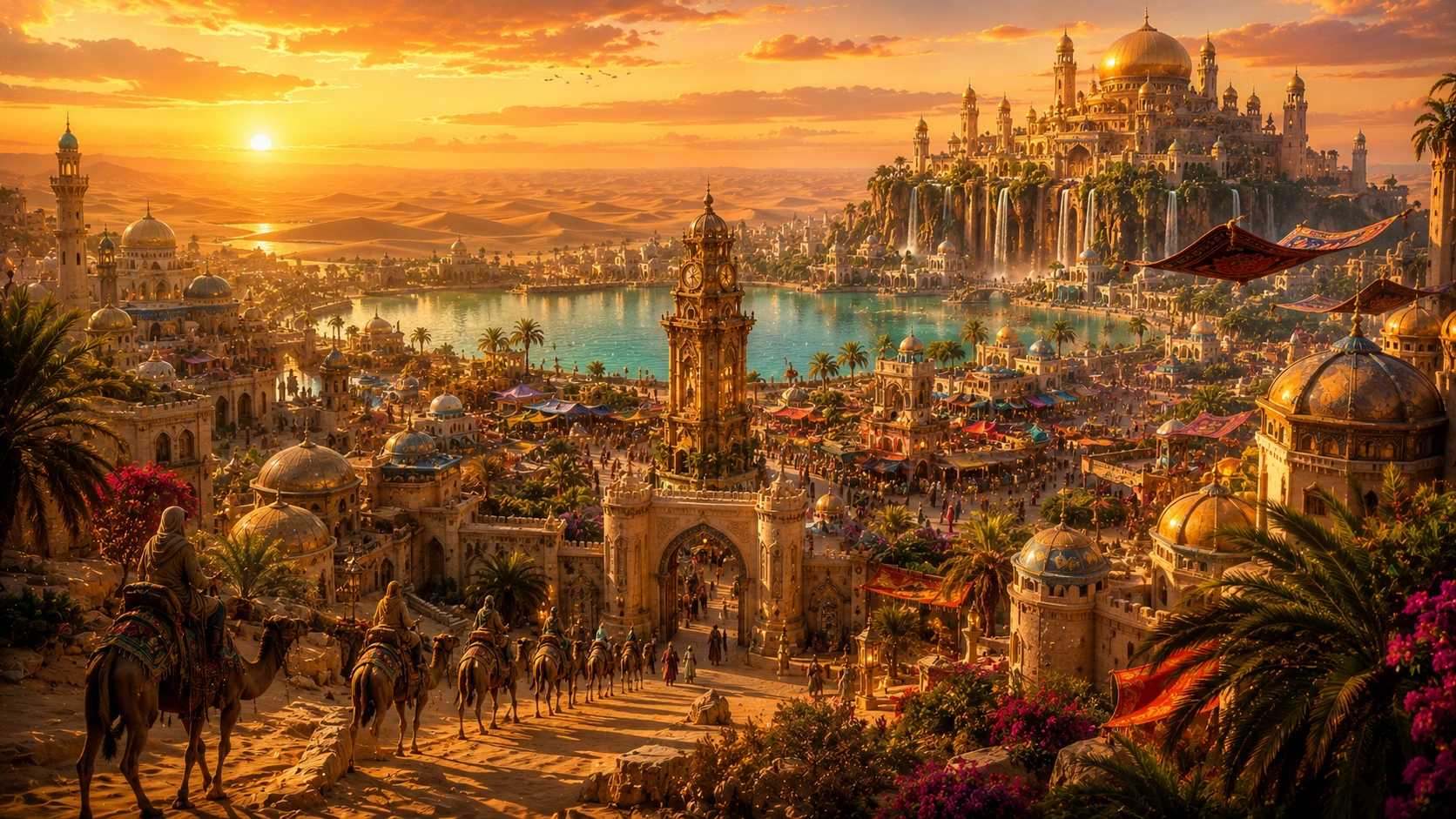 Desert oasis city AI fantasy art prompt — 4K Arabian realm scene