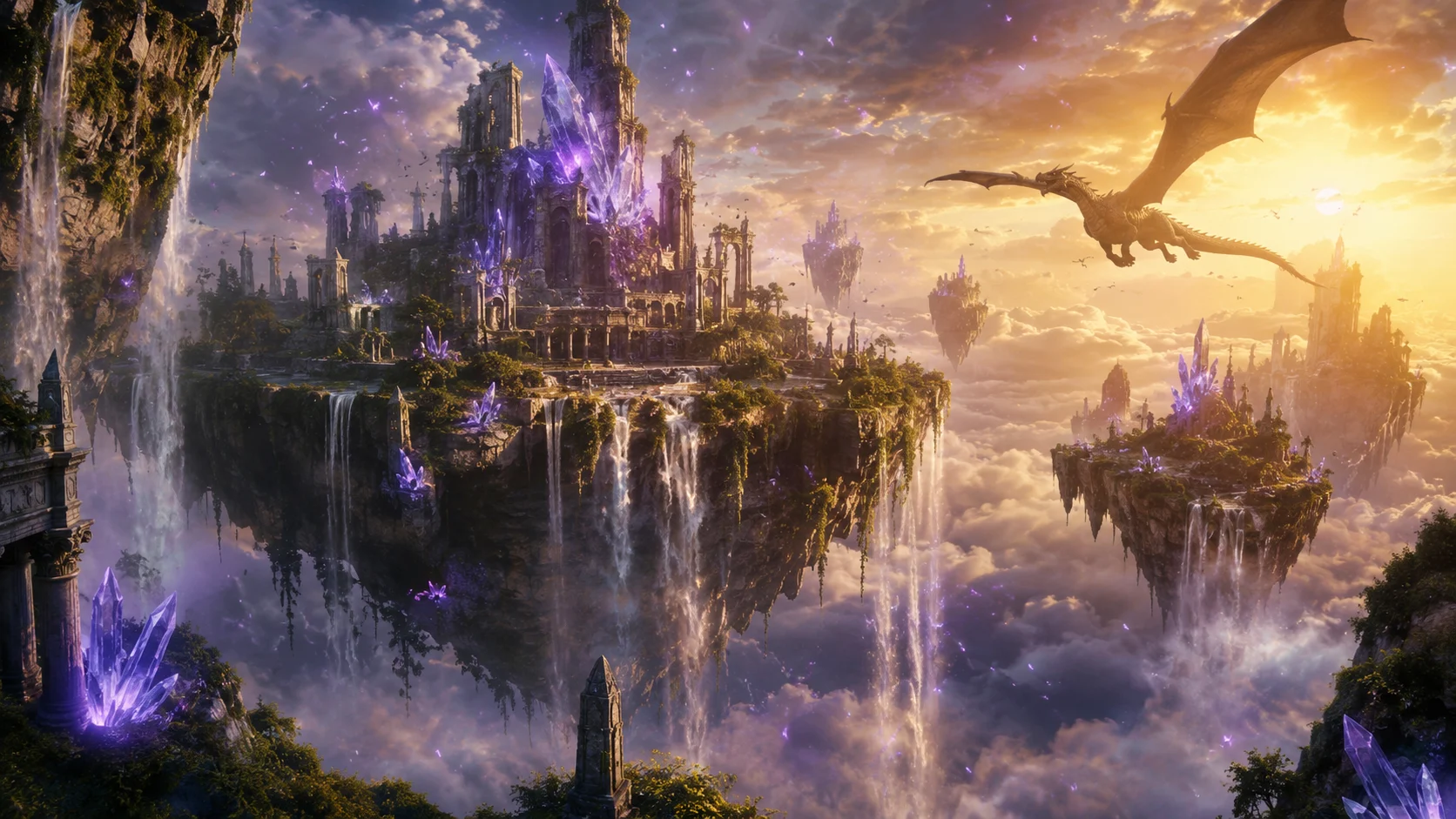 Floating crystal islands AI fantasy art prompt — 4K epic realm scene