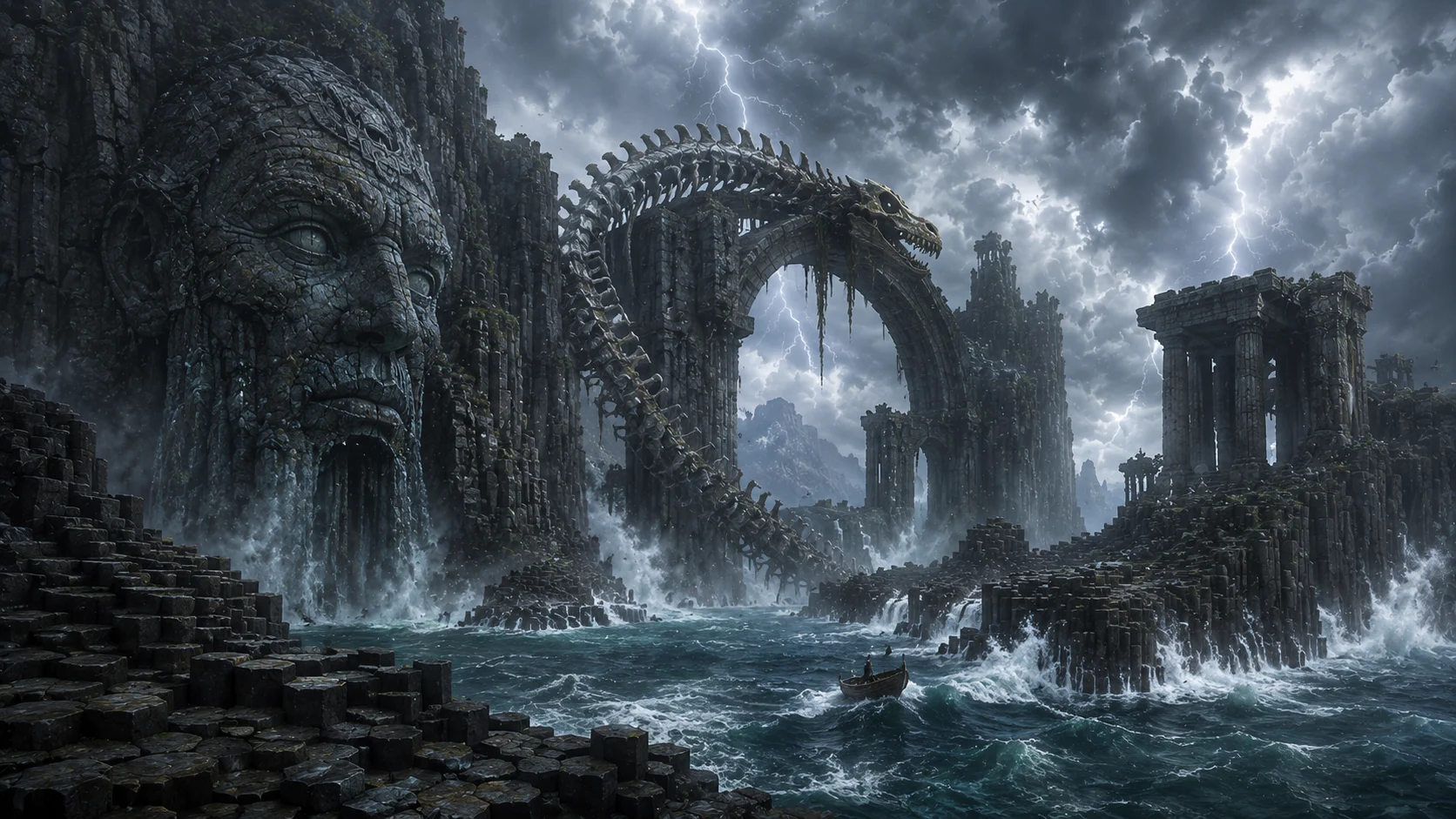 Giant's causeway ruins AI fantasy art prompt — 4K ancient realm scene