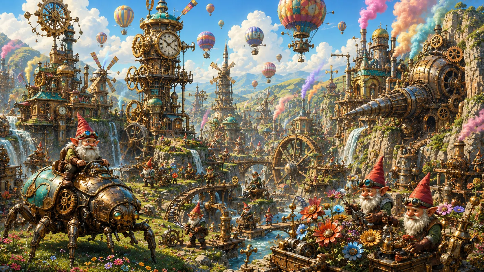Gnomish inventor's valley AI fantasy art prompt — 4K steampunk fantasy scene