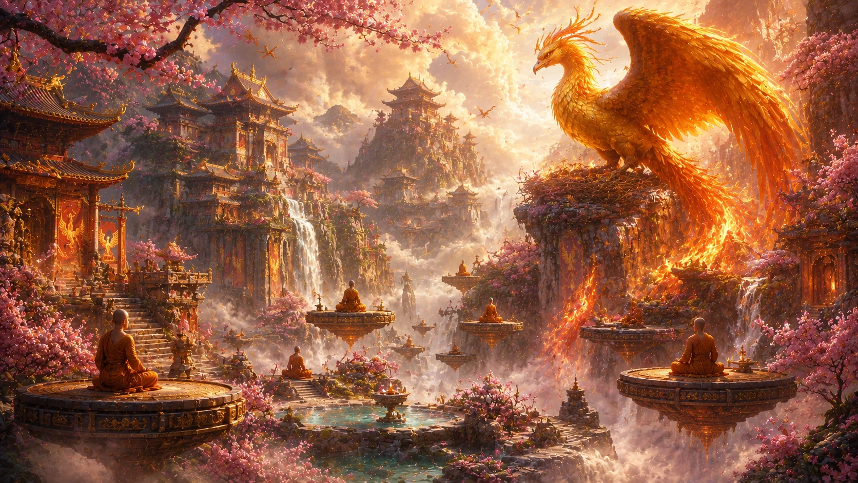 Phoenix mountain sanctuary AI fantasy art prompt — 4K mythical realm scene