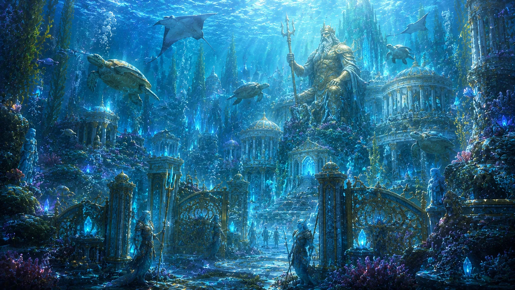 Sunken Atlantean city AI fantasy art prompt — 4K underwater realm scene