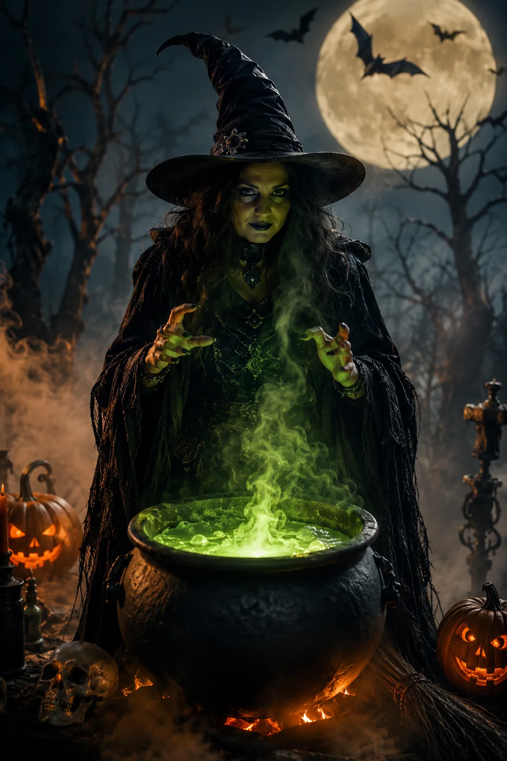 Classic black witch with cauldron AI image prompt for Halloween &mdash; dark forest and full moon scene