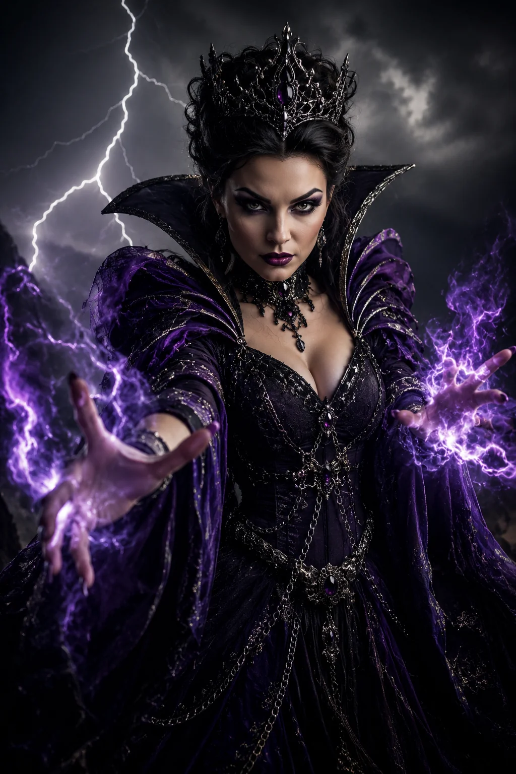 Dark sorceress evil queen Halloween costume AI image prompt &mdash; dramatic studio portrait with dark magic energy