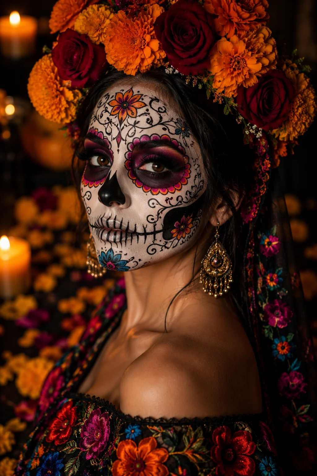 Day of the Dead skull makeup AI image prompt &mdash; Dia de los Muertos cultural beauty portrait