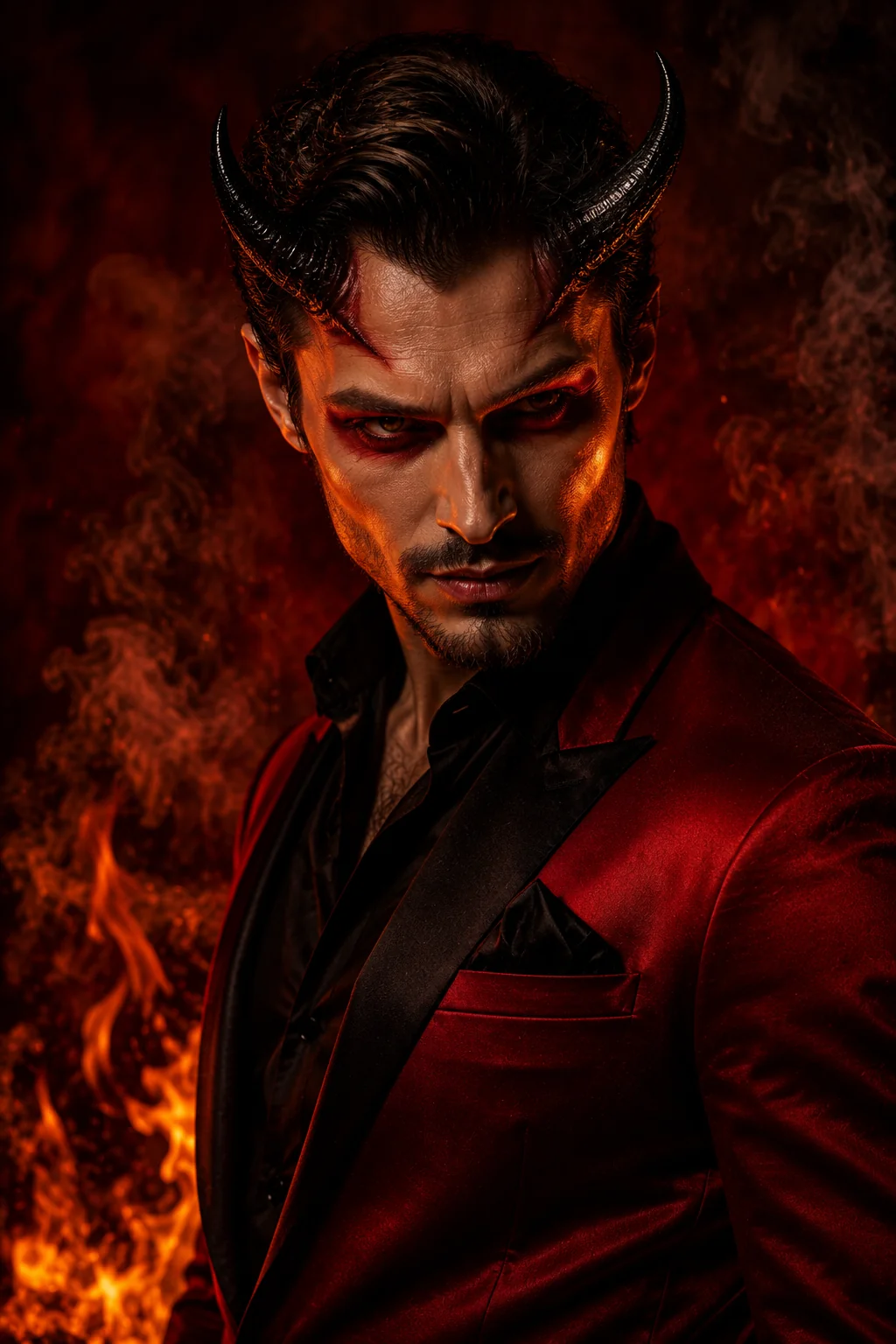 Devil demon Halloween costume AI image prompt &mdash; dramatic red studio portrait with fire glow