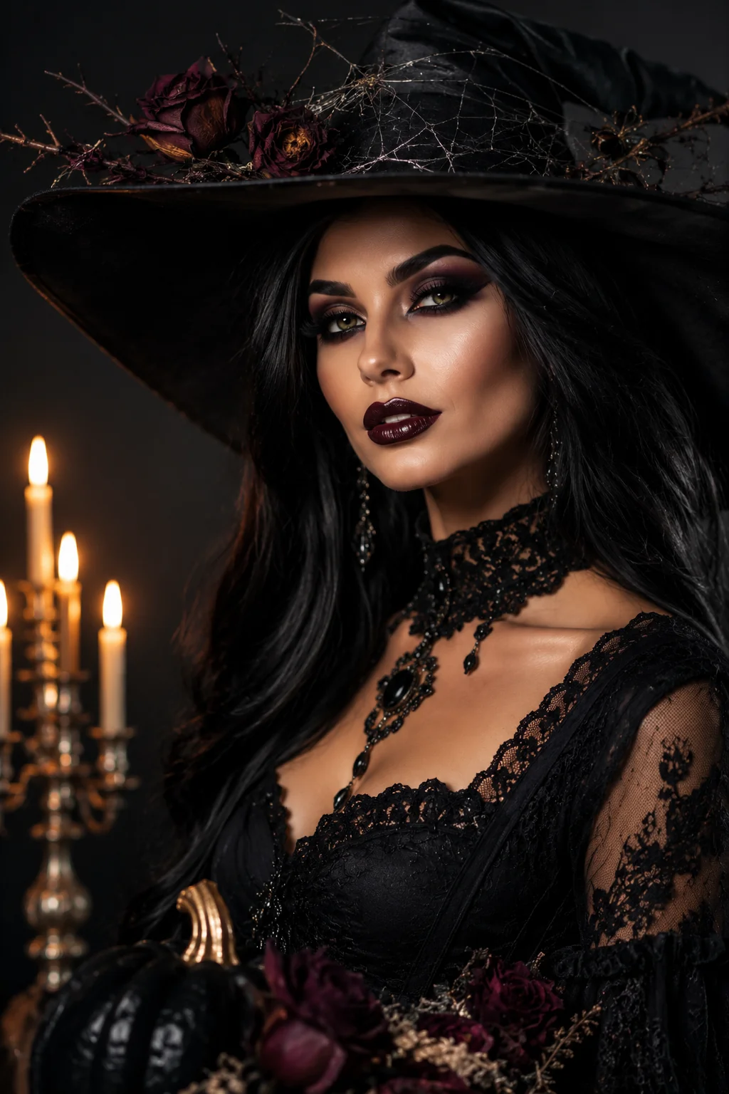 Glamour witch editorial beauty Halloween AI image prompt &mdash; Vogue style dark fashion portrait