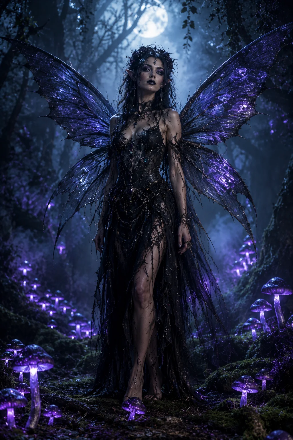 Gothic dark fairy Halloween costume AI image prompt &mdash; ethereal enchanted forest portrait with black wings