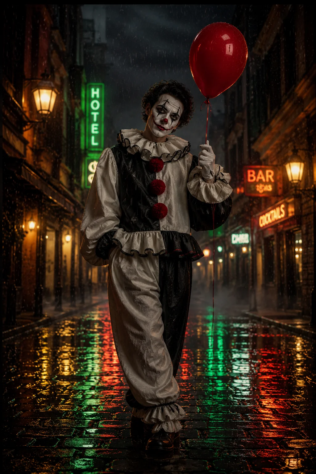 Creepy Halloween clown AI image prompt &mdash; terrifying horror portrait in rainy alley at night