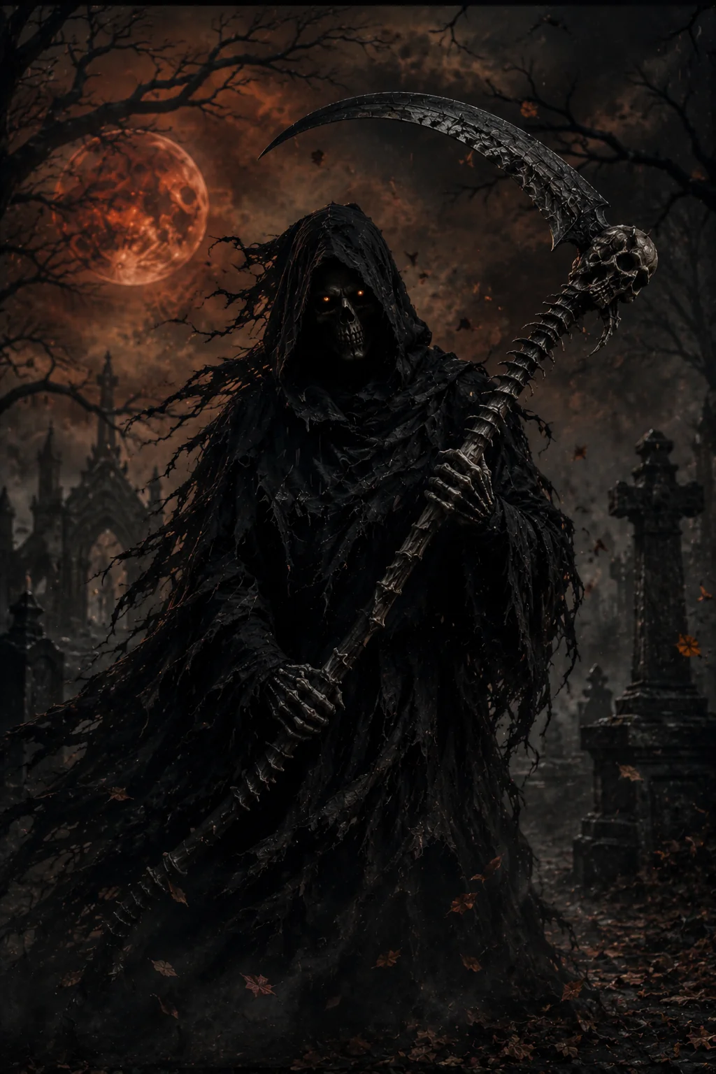 Skeleton Grim Reaper Halloween costume AI image prompt &mdash; cinematic dark art portrait in cemetery