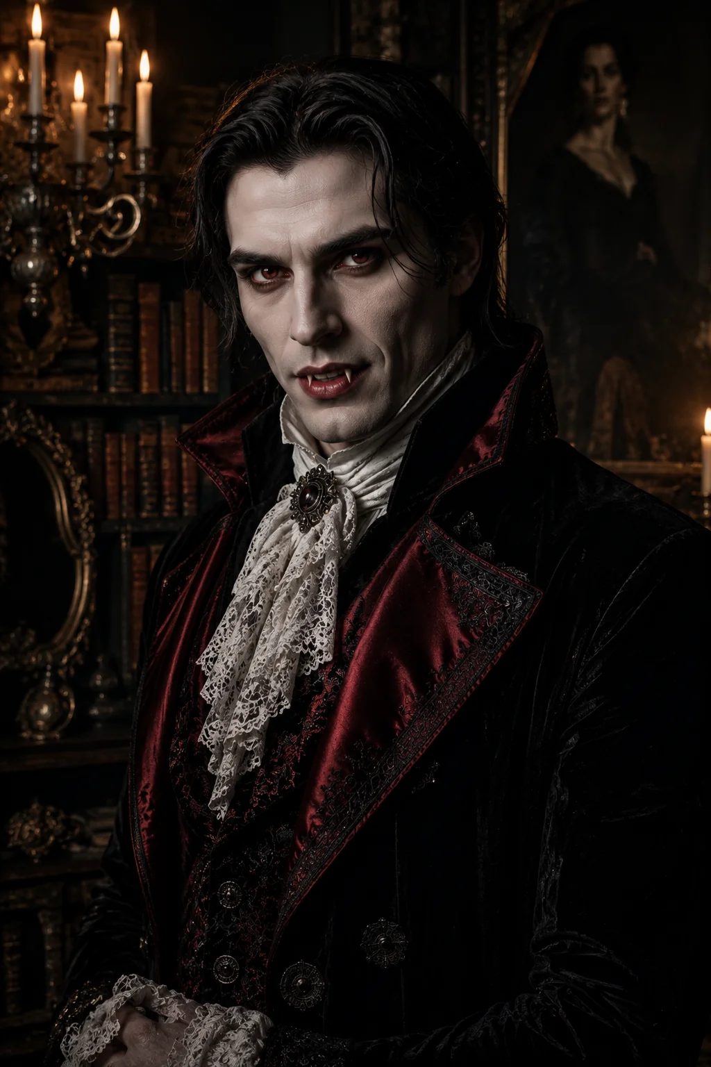 Victorian vampire Halloween costume AI image prompt &mdash; gothic period portrait with dramatic candlelight