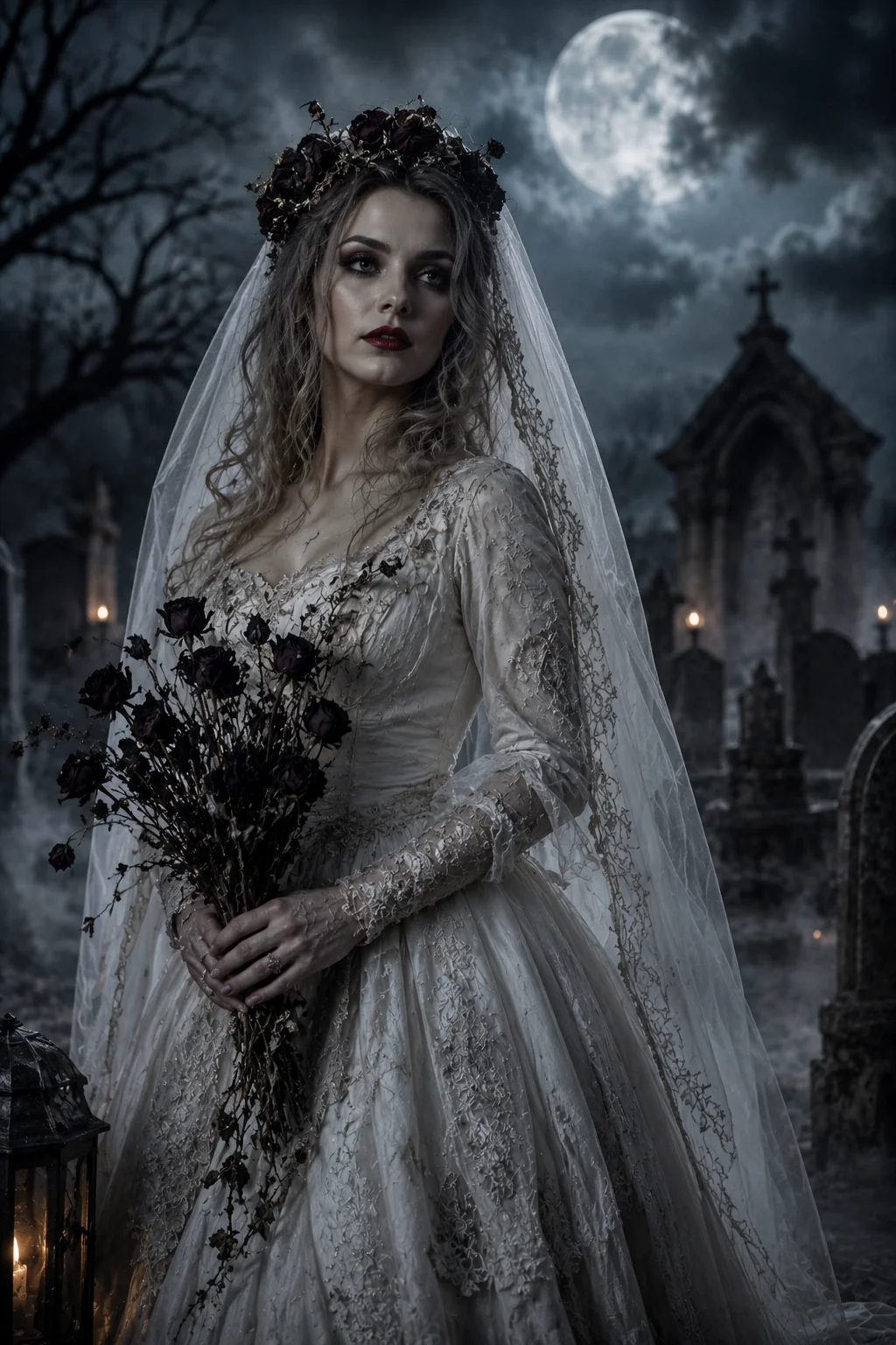 Zombie bride Halloween costume AI image prompt &mdash; horror romance graveyard portrait at midnight