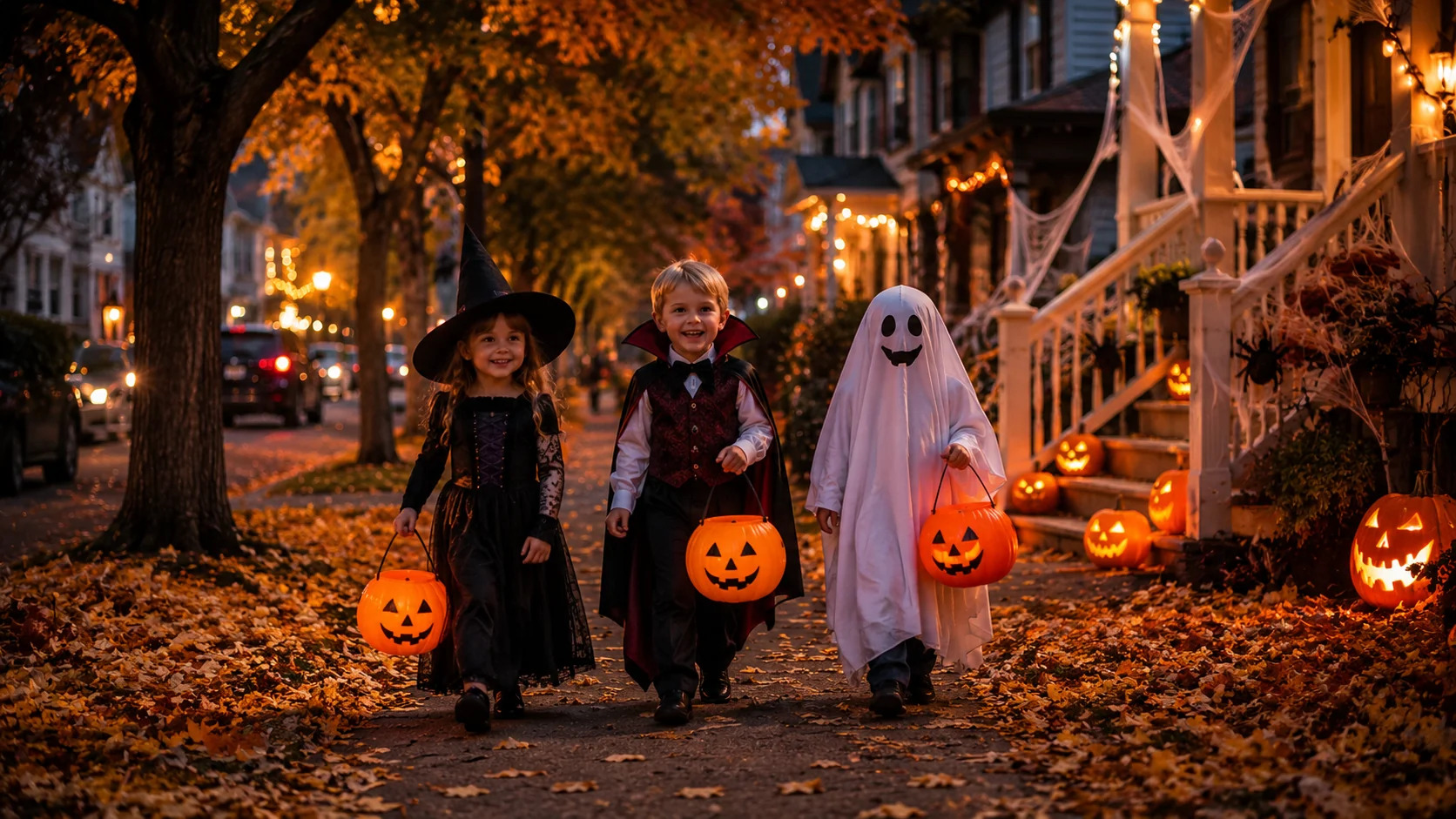 Children trick-or-treating AI prompt for Halloween photography — 4K festive neighbourhood scene
