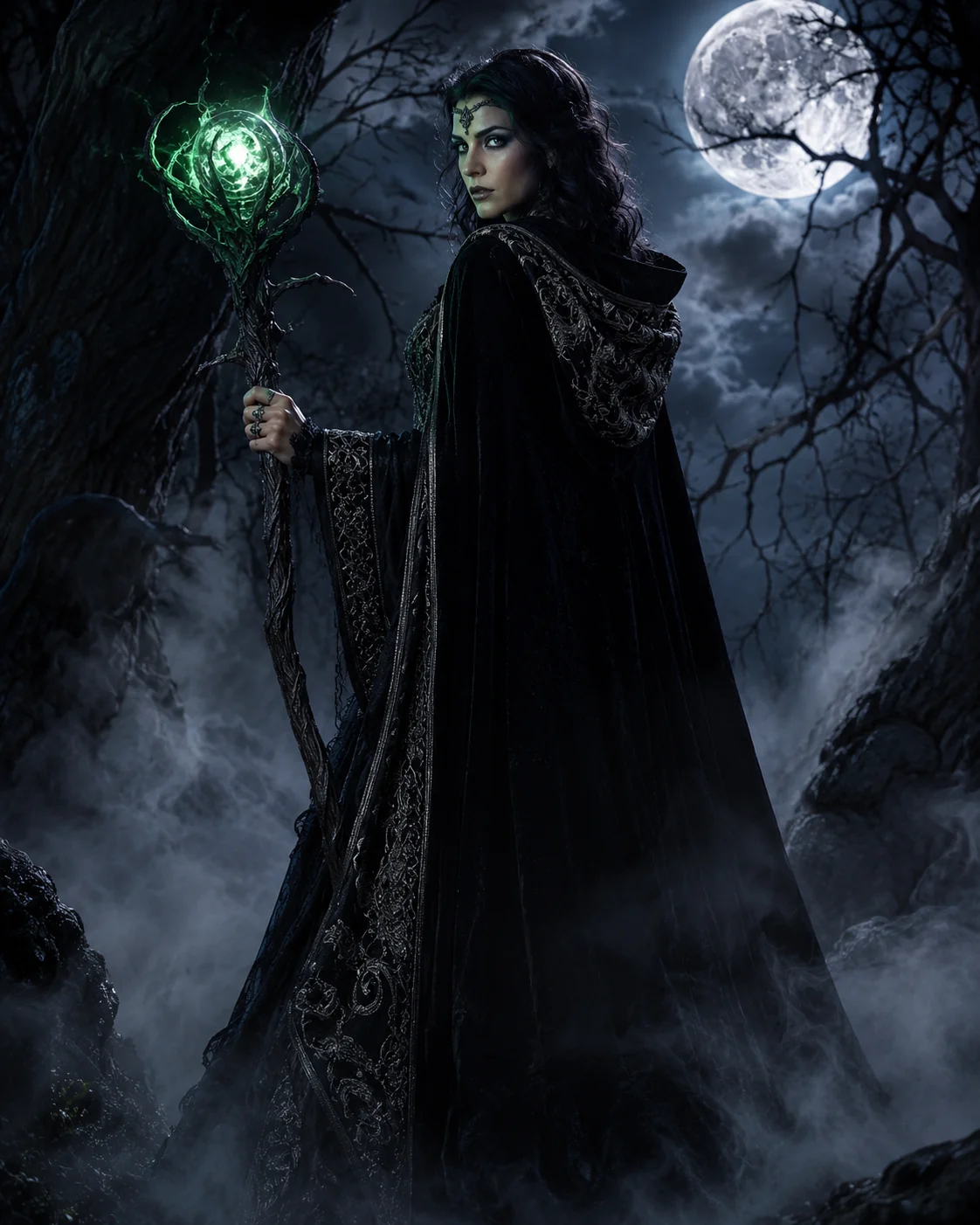 Dark forest witch portrait AI prompt for Halloween photography — cinematic spooky character