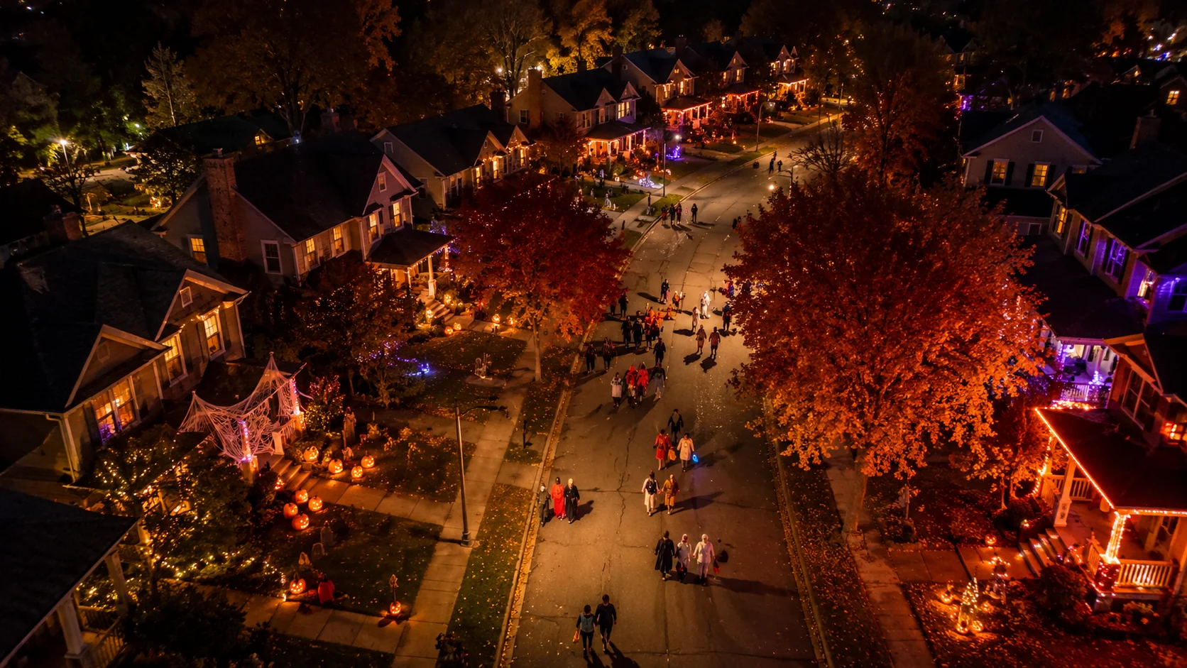 Halloween aerial neighbourhood night view AI prompt for Halloween photography — stunning overhead scene