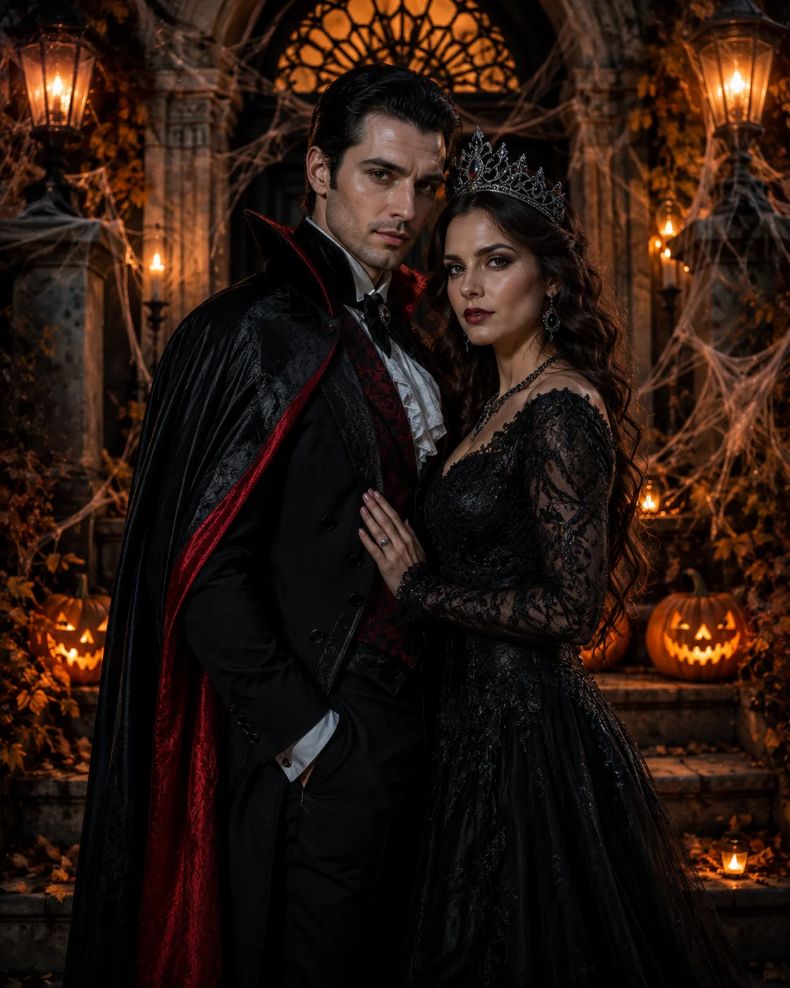 Halloween couple in costumes AI prompt for Halloween photography — 4K romantic spooky portrait