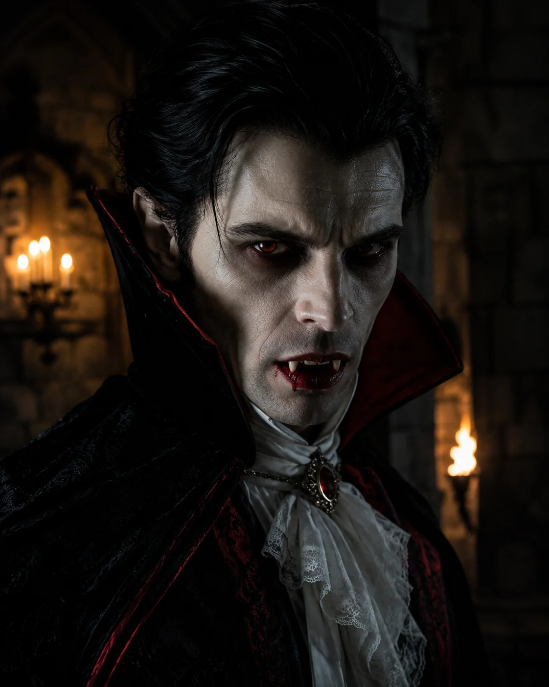 Halloween vampire costume portrait AI prompt for Halloween photography — dramatic character close-up