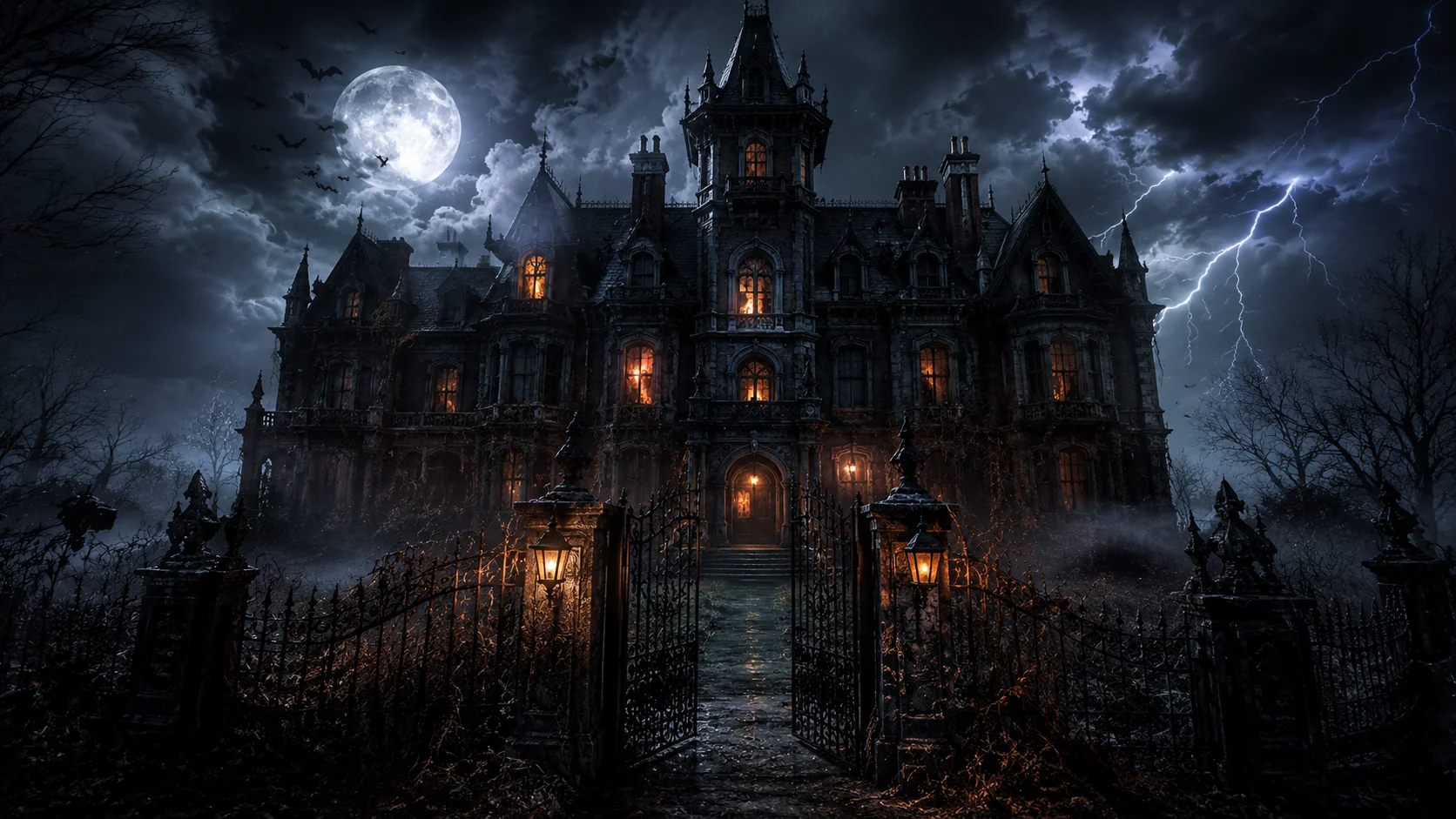 Haunted house exterior AI prompt for Halloween photography — 4K gothic architecture at night