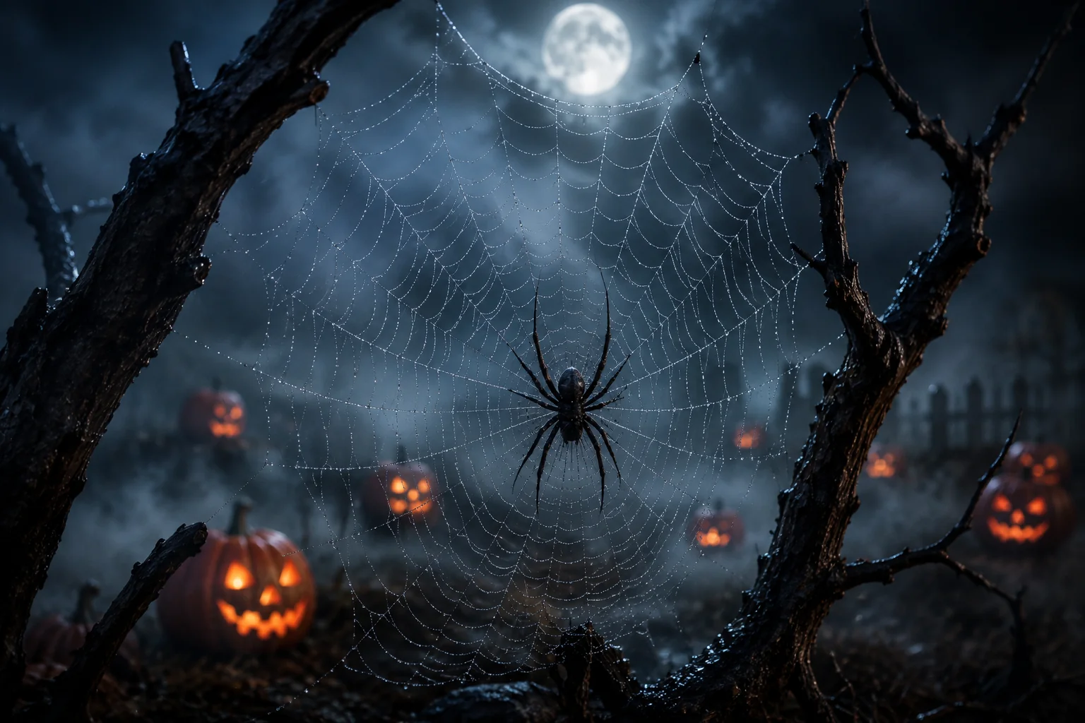 Spooky spider web and fog scene AI prompt for Halloween photography — macro atmospheric detail