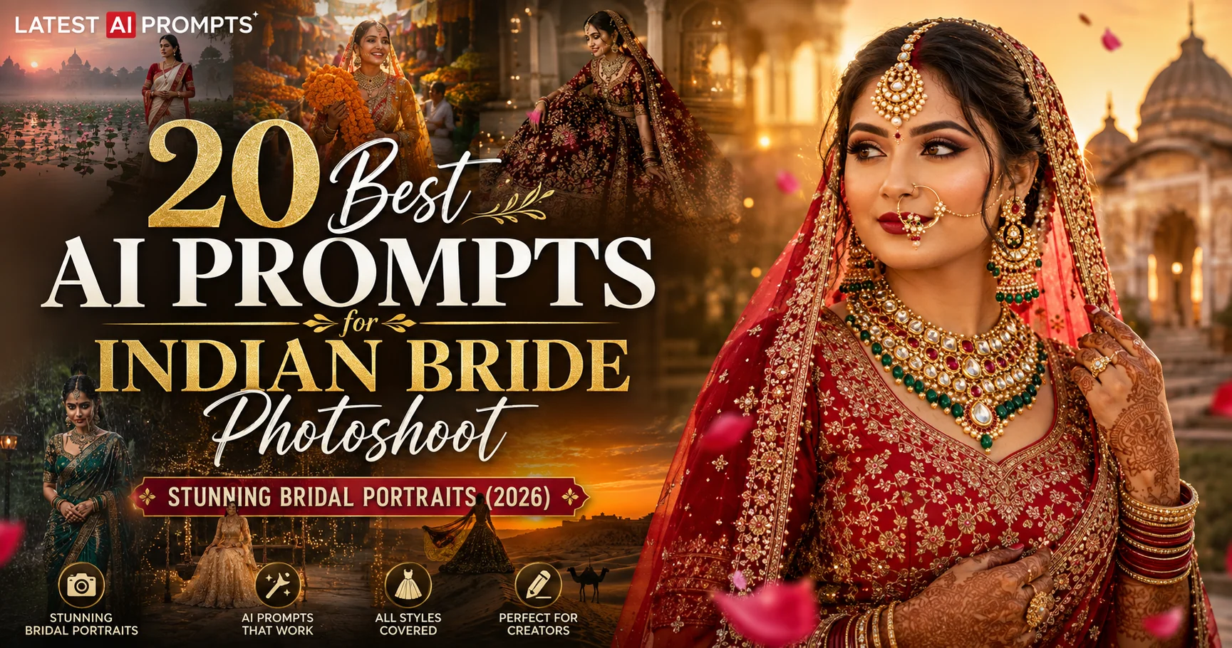 20 Best AI Prompts for Indian Bride Photoshoot — stunning bridal portraits for ChatGPT, Gemini and Midjourney