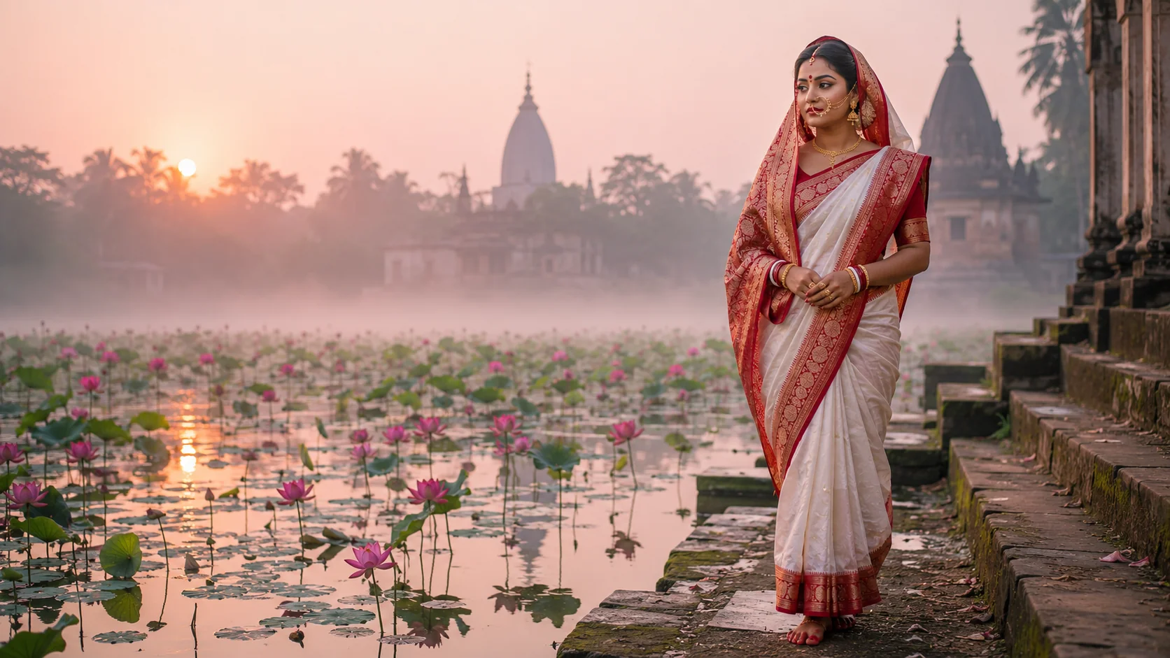 Bengali bride at dawn AI photoshoot prompt — red-white Benarasi saree, lotus pond, morning mist bridal portrait