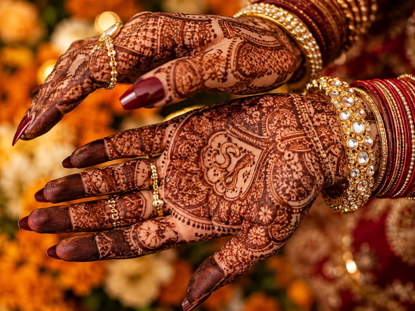Bridal mehndi close-up AI photoshoot prompt — intricate henna hands, bokeh background, Indian bridal portrait