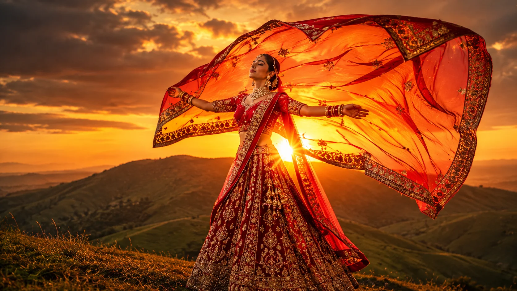 Indian bride dupatta veil flying AI photoshoot prompt — golden backlight, flowing dupatta, hilltop bridal portrait