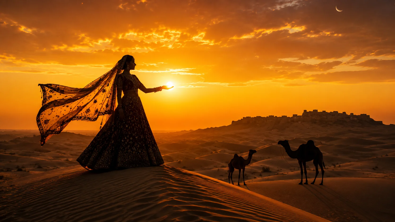 Indian bride golden desert silhouette AI photoshoot prompt — Jaisalmer sand dunes, dramatic sunset bridal portrait