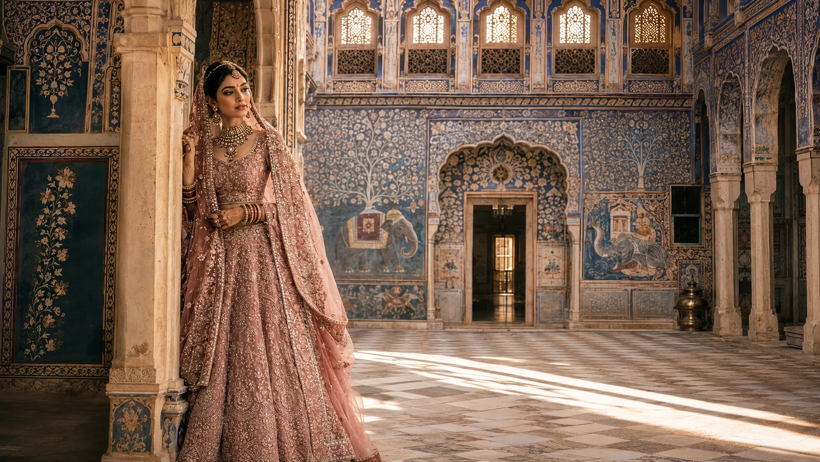 Indian bride at haveli AI photoshoot prompt — pink lehenga, Shekhawati fresco murals, heritage architecture portrait