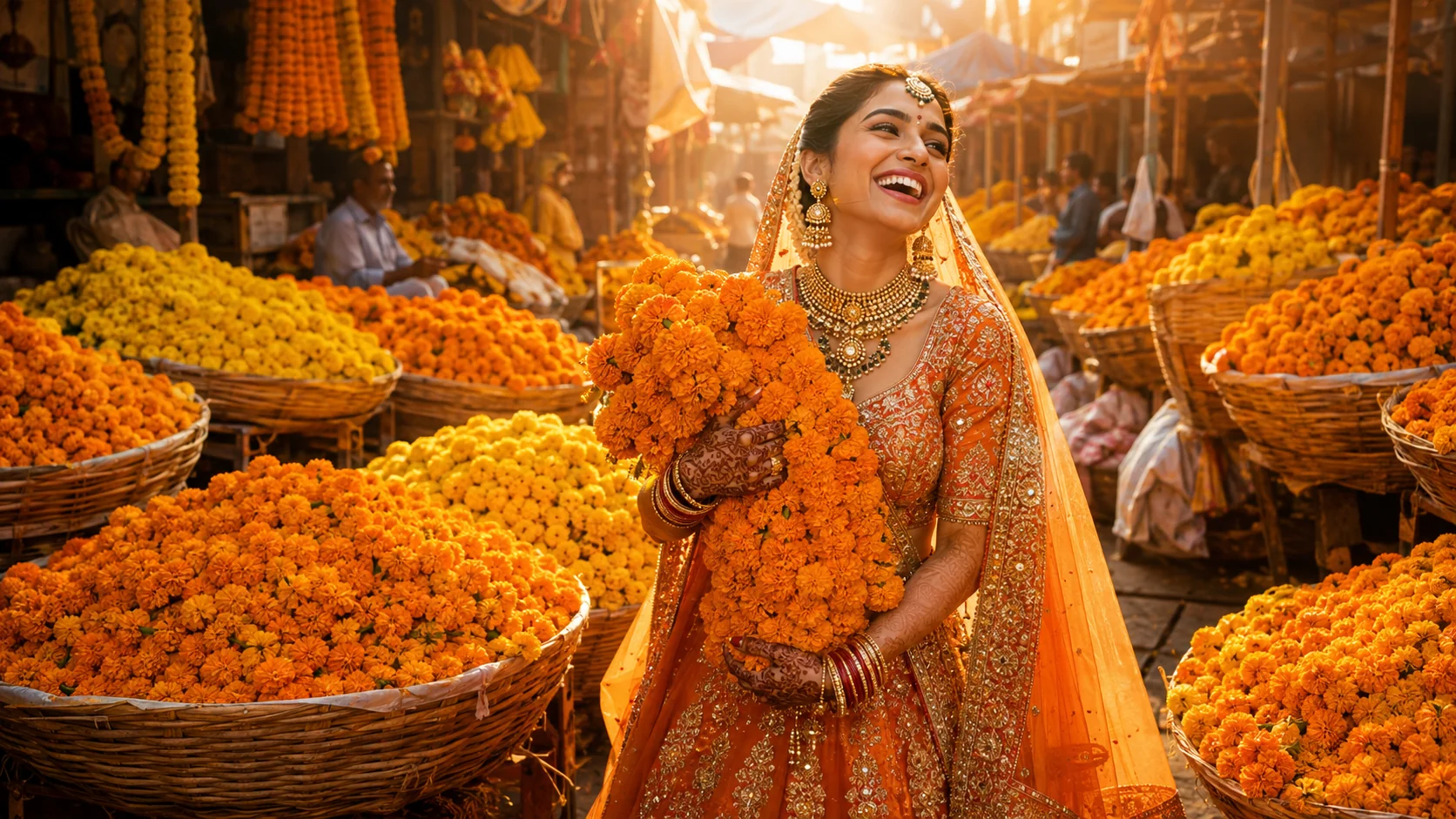Indian bride with marigold flowers AI photoshoot prompt — vibrant orange, outdoor candid bridal portrait