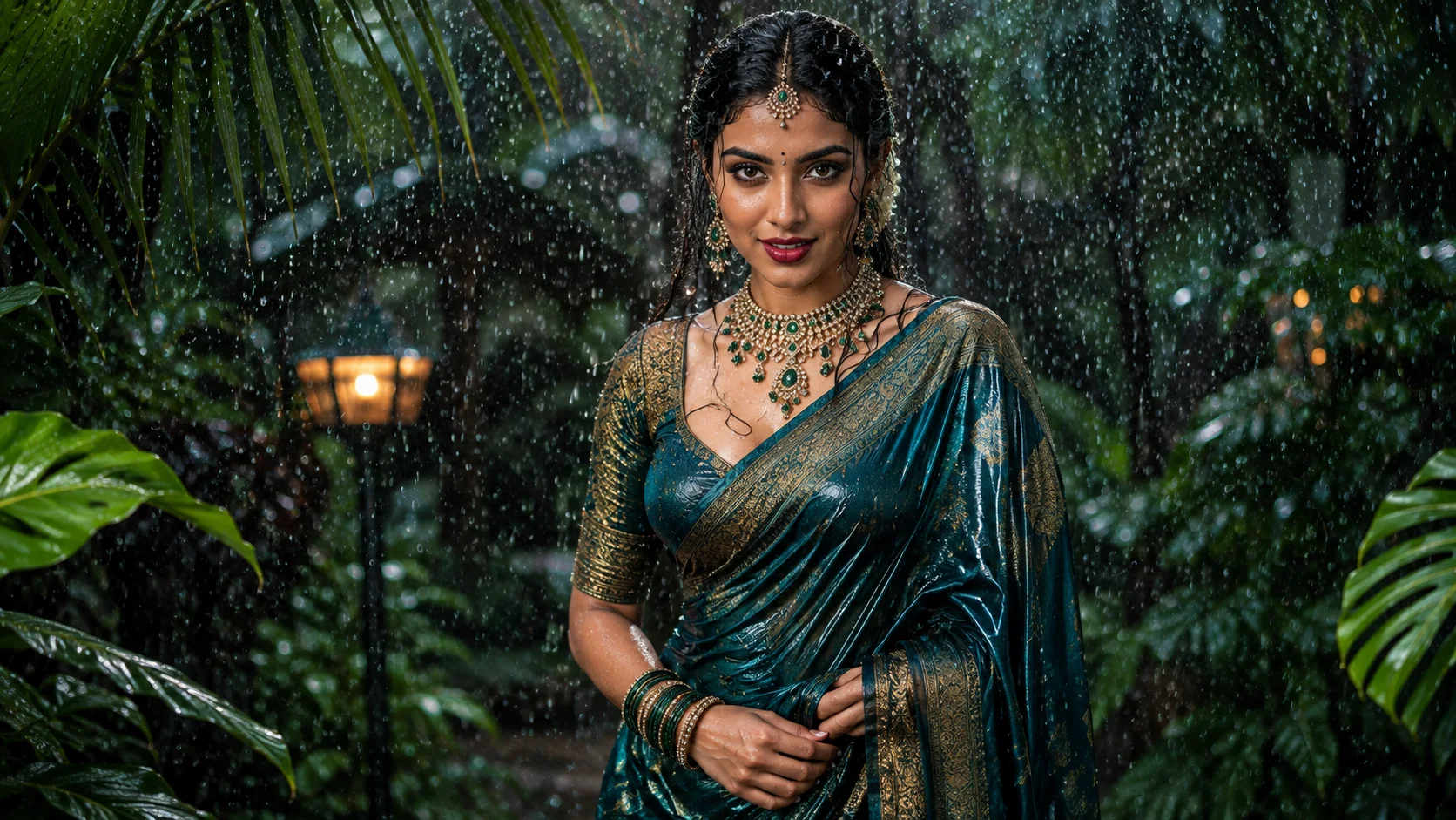 Indian bride in monsoon AI photoshoot prompt — saree, rain, lush green foliage, bold outdoor bridal portrait