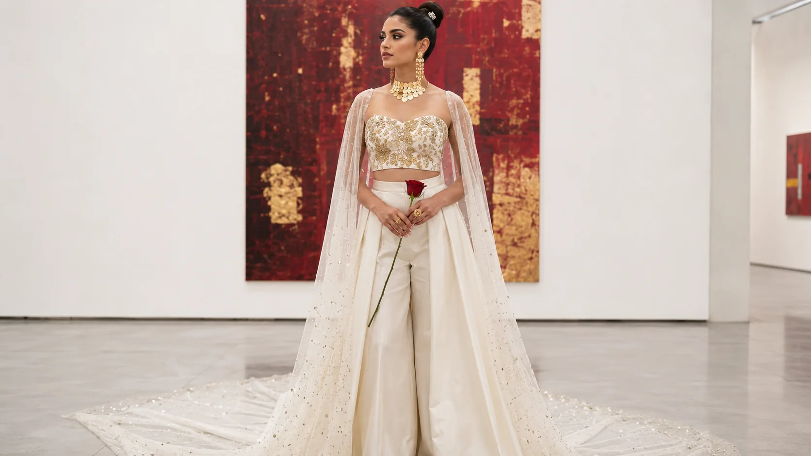 Contemporary fusion Indian bride AI photoshoot prompt — Indo-western bridal look, art gallery, modern portrait