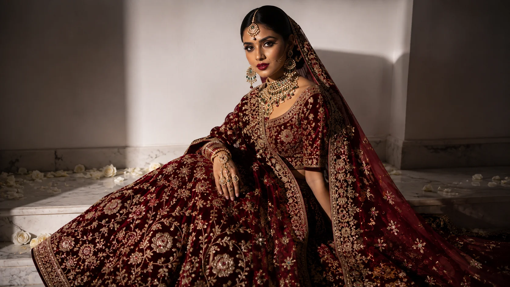 Indian bride dramatic studio AI photoshoot prompt — red velvet lehenga, chiaroscuro lighting, close-up bridal portrait