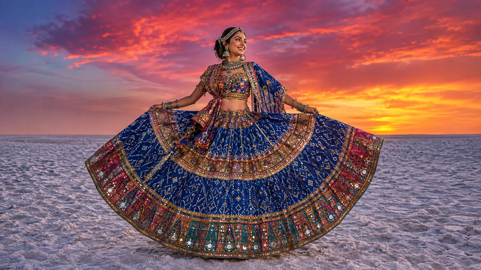 Gujarati bride at Rann of Kutch AI photoshoot prompt — chaniya choli, salt desert, sunset bridal portrait