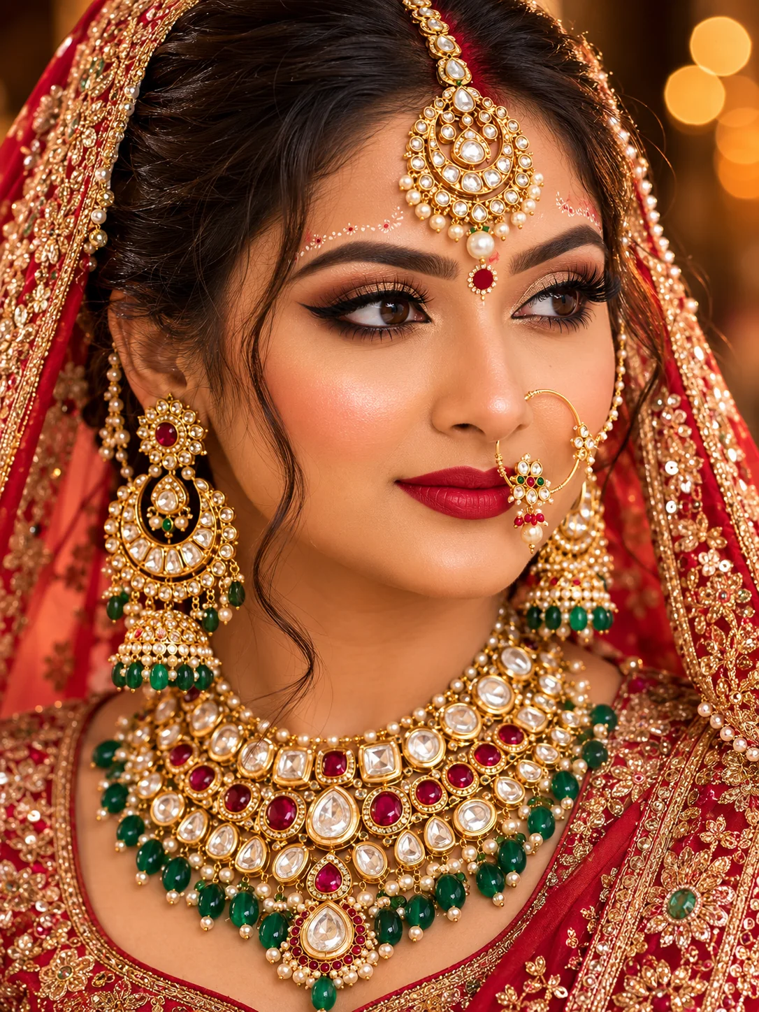 Indian bridal jewellery close-up AI photoshoot prompt — kundan necklace, maang tikka, nath detail portrait