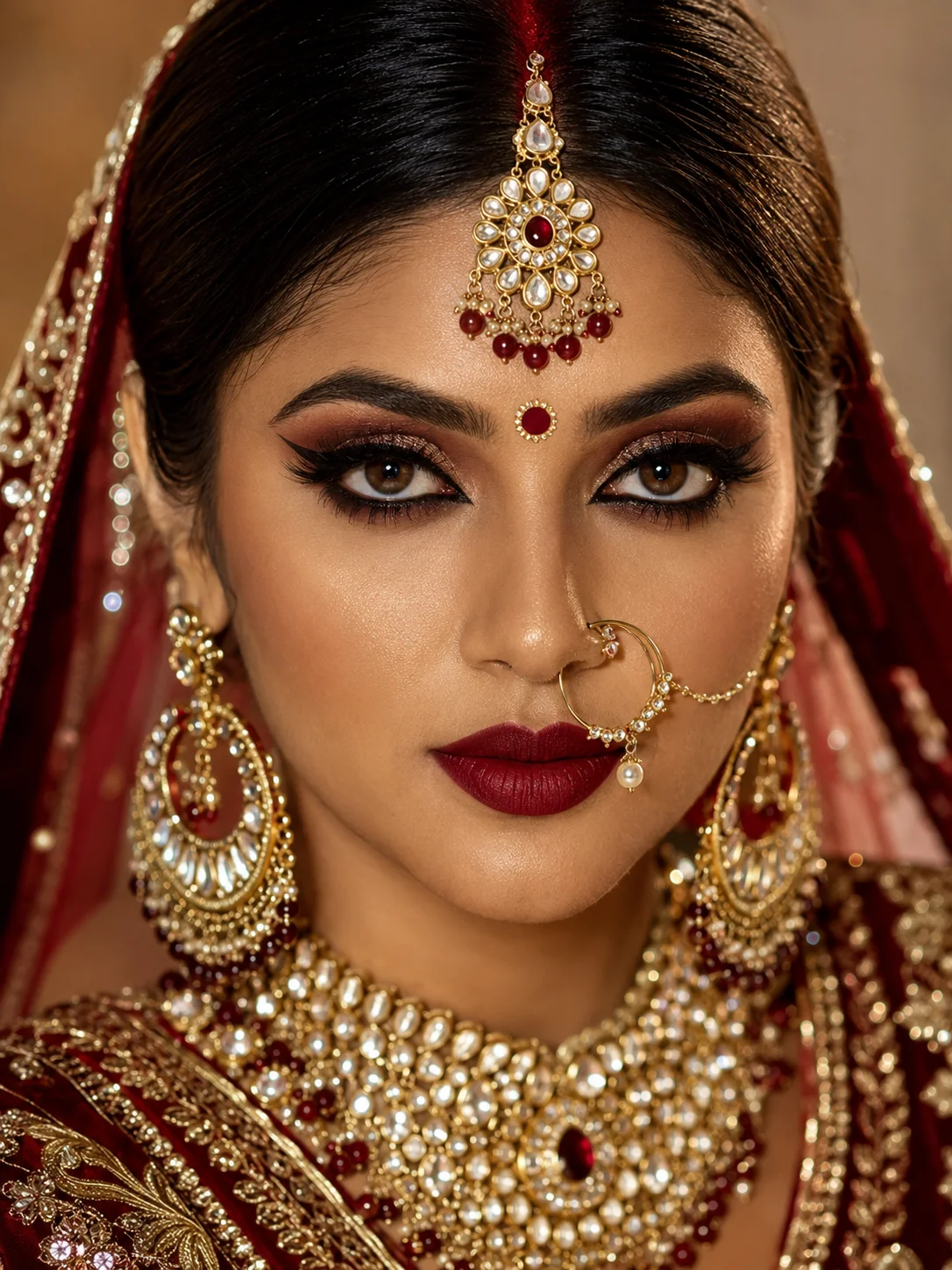 Indian bride close-up face portrait AI photoshoot prompt — heavy bridal makeup, intense gaze, jewellery detail