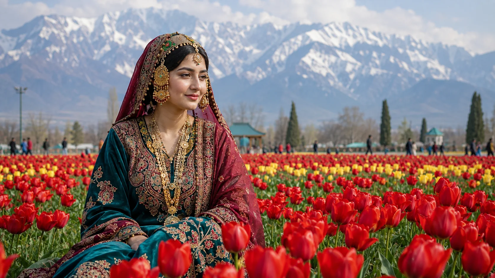 Kashmiri bride in tulip garden AI photoshoot prompt — traditional pheran, spring meadow, mountain backdrop portrait