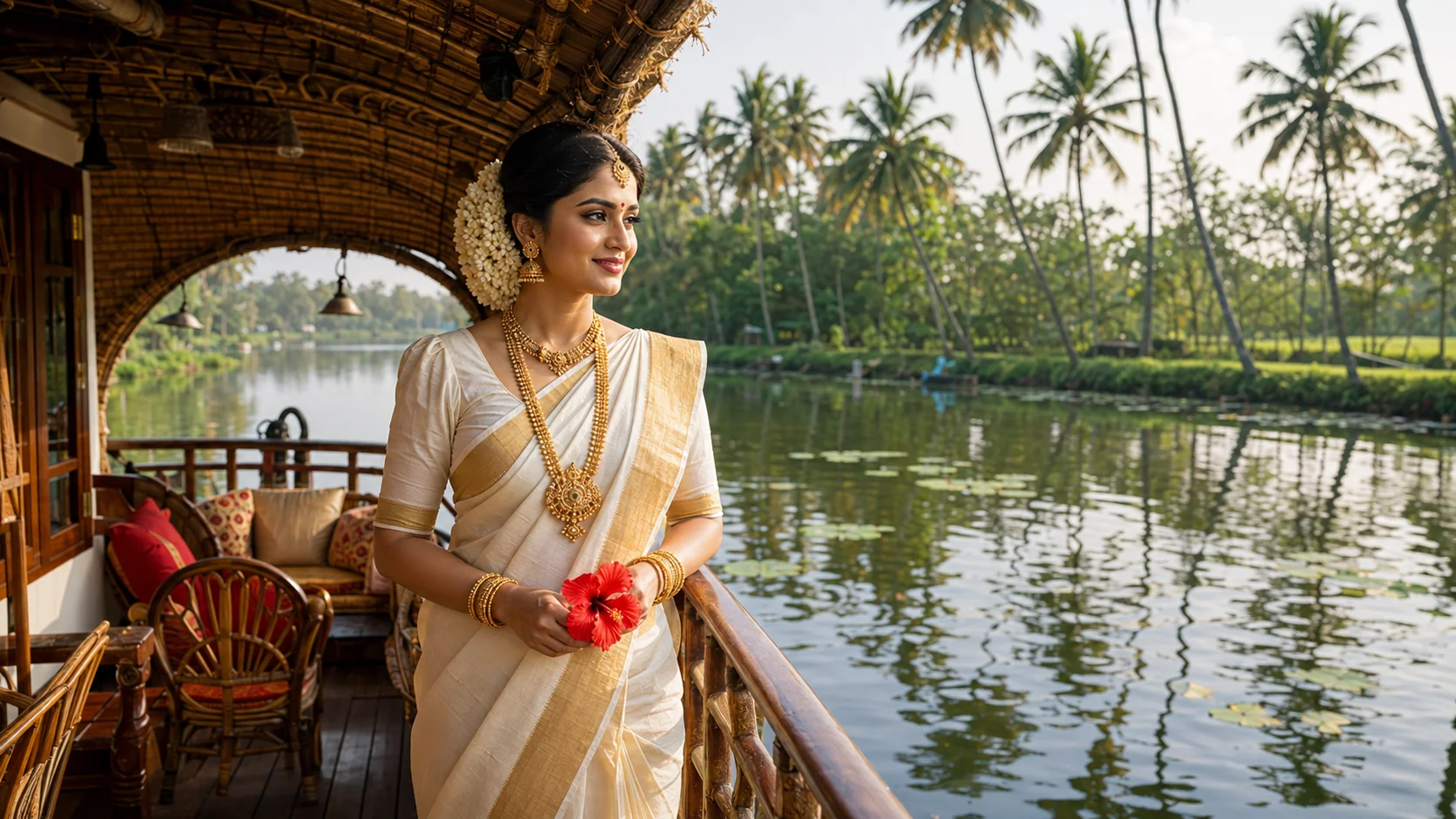 Kerala bride at backwaters AI photoshoot prompt — Kasavu saree, houseboat, coconut palms bridal portrait