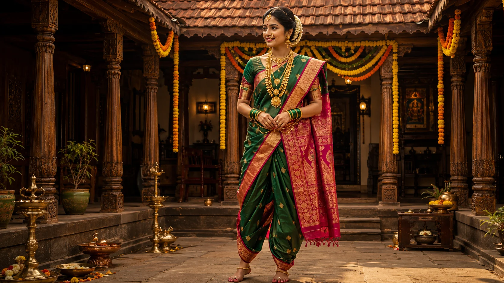 Marathi bride in Nauvari saree AI photoshoot prompt — green Paithani, traditional wada, bridal portrait