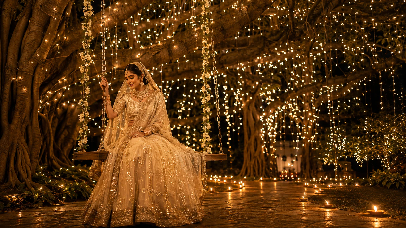 Indian bride night fairy light AI photoshoot prompt — banyan tree, string lights, dreamy bokeh bridal portrait
